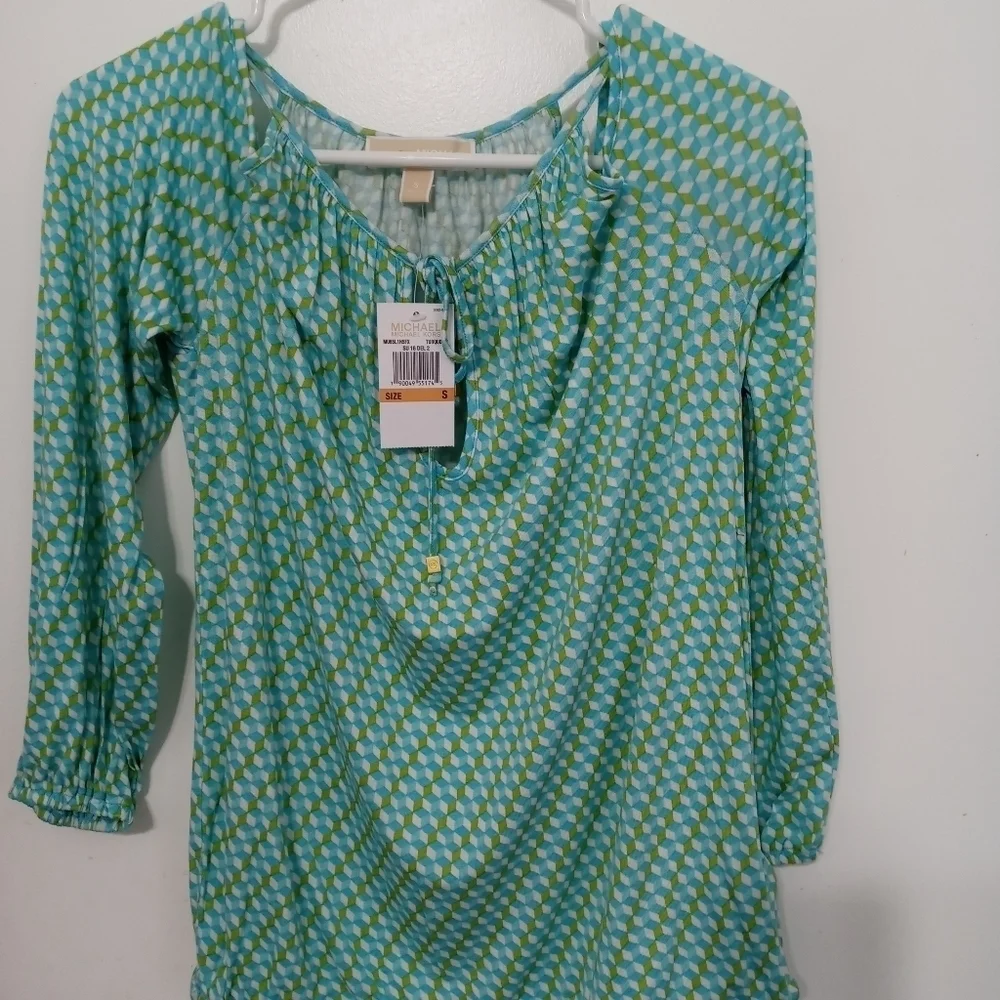 Michael Kors Cold Shoulder Geometric Pattern Blouse with Keyhole Closure